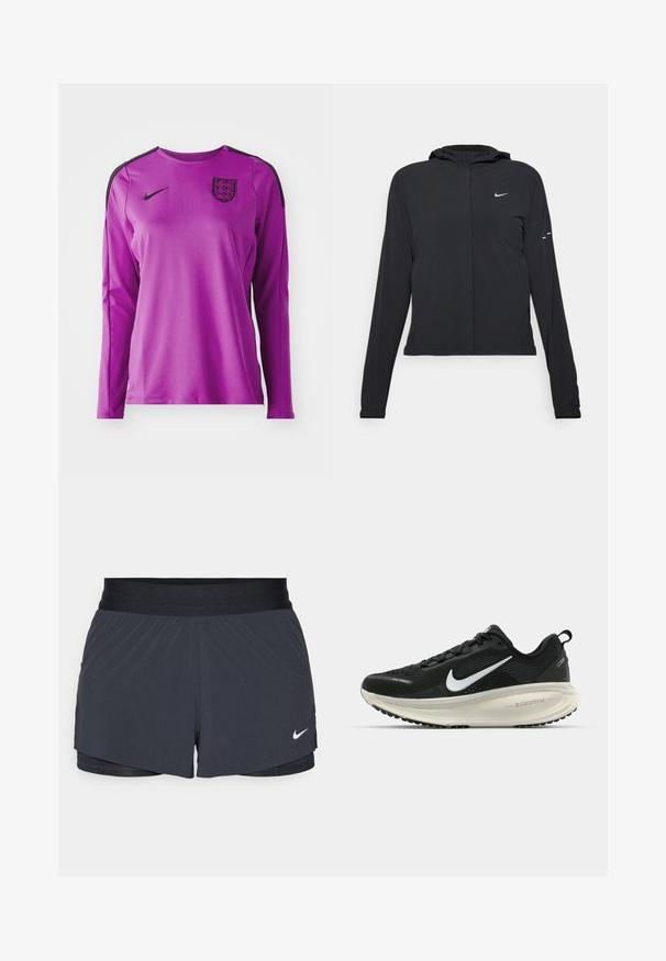 Casaco preto com capuz e mangas longas, feito de material leve. Apresenta um fecho dourado na frente, um logótipo da Nike e detalhes de design subtis.; Camisola desportiva de manga longa roxa, feita de material sintético, com um logo da Nike em preto e o emblema da Inglaterra no peito, e detalhes em preto nos ombros.; Calças curtas de atletismo pretas com um cós elástico, apresentando um design em camadas e um pequeno logótipo da Nike em branco no canto inferior esquerdo. Material leve.; Sapatilha de corrida Nike preta com parte superior de malha respirável, logotipo Swoosh branco, detalhes texturizados e uma entressola ZoomX na cor creme.