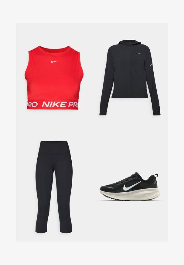 Sort hættetrøje med lange ærmer, lavet af letvægtsmateriale. Har en frontlynlås, et Nike-logo og subtile designaccenter.; Rød Nike Pro sports crop top lavet af glat, strækbart stof. Har et hvidt logo på brystet og et bredt, mærket elastikbånd i bunden.; Sorte cropped leggings lavet af stretchy materiale, med en høj talje og blød tekstur, uden synlige mønstre eller hardware.; Sort Nike løbesko med åndbart mesh-overdel, hvidt swoosh-logo, tekstureret detaljering og en cremede ZoomX mellemsål.