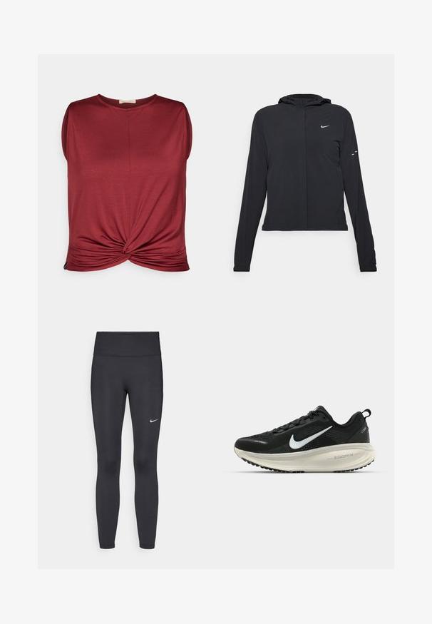 Casaco preto com capuz e mangas longas, feito de material leve. Apresenta um fecho dourado na frente, um logótipo da Nike e detalhes de design subtis.; Top sem mangas cor bordô, com decote redondo e nó torcido na frente. Feito de material suave com uma textura lisa.; Leggings pretos feitos de tecido elástico, com uma cintura alta e um logo branco da Nike na coxa esquerda. Textura suave, design ajustado ao corpo.; Sapatilha de corrida Nike preta com parte superior de malha respirável, logotipo Swoosh branco, detalhes texturizados e uma entressola ZoomX na cor creme.