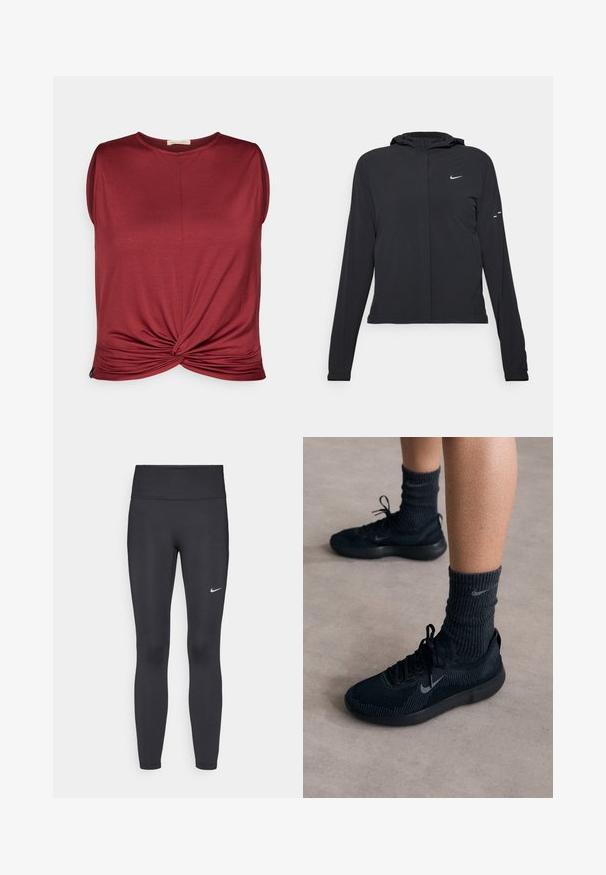 Czarna kurtka z kapturem, z długimi rękawami, wykonana z lekkiego materiału. Posiada zamek błyskawiczny z przodu, logo Nike oraz subtelne akcenty wzornicze.; Bordowy bezrękawnik z okrągłym dekoltem i skręconym węzłem z przodu. Wykonany z miękkiego materiału o gładkiej fakturze.; Czarne legginsy z elastycznego materiału, z wysokim pasem i białym logo Nike na lewym udzie. Gładka tekstura, dopasowany krój.; Czarne sneakersy Nike z teksturowaną dzianiną, z szarym logo swoosh, w połączeniu z ciemnymi, prążkowanymi skarpetkami. Płaska gumowa podeszwa.