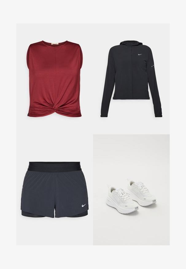 Chaqueta negra con capucha y mangas largas, hecha de un material ligero. Presenta un cierre frontal, un logo de Nike y acentos de diseño sutiles.; Top sin mangas color marrón con un escote redondo y un nudo retorcido en la parte delantera. Fabricado con material suave y con una textura lisa.; Shorts deportivos negros con cintura elástica, que presentan un diseño en capas y un pequeño logo blanco de Nike en la parte inferior izquierda. Material ligero.; Zapatillas deportivas blancas con parte superior de malla texturizada, suela acolchada y sutiles acentos grises. Incluye un logotipo y una pestaña en el talón para facilitar su uso.