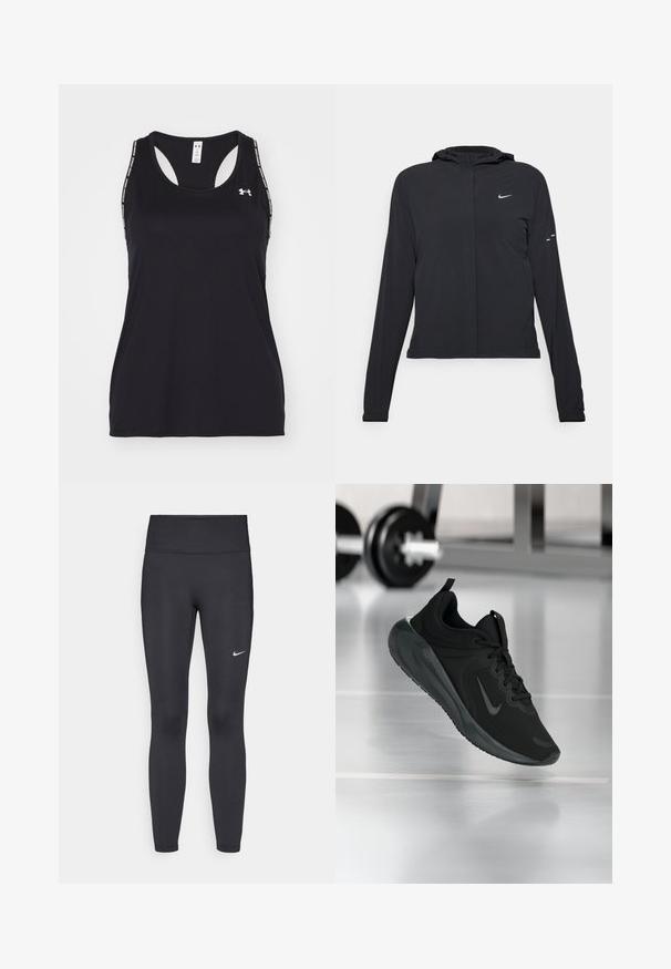 Juodas gobtuvas striukė su ilgomis rankovėmis, pagaminta iš lengvo audinio. Pasižymi priekiniais užtrauktukais, Nike logotipu ir subtiliais dizaino akcentais.; Juodas sportinis marškinėliai be rankovių su apvalia iškirpte ir lenkimo dizainu. Yra logotipas ir raštuotos petnešos. Pagaminta iš lengvo ir kvėpuojančio audinio.; Juodi leggingai iš elastingos medžiagos, turintys aukštą juosmenį ir baltą Nike logotipą kairėje šlaunyje. Lygus paviršius, prigludusi dizainas.; Juodas sportinis sportbačiai su Nike logotipu, pavaizduoti ore virš sporto salės grindų, fone išblurinta hantelių laikiklis.