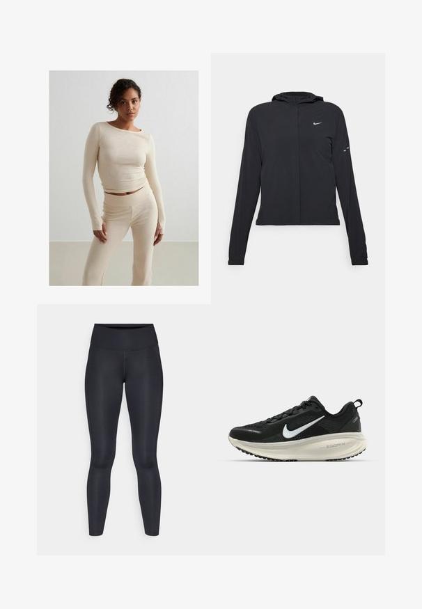 Svart hettegenser med lange ermer, laget av lett materiale. Har glidelås foran, Nike-logo og subtile design detaljer.; Beige ribbet langermet topp og matchende høyt midje bukser, myk tekstur, tettsittende design, minimalistisk stil, med subtile sømdetaljer.; Sorte leggings laget av glatt, elastisk materiale. Høy midje uten synlige mønstre eller detaljer. Sitter tett fra midjen til anklene.; Svart Nike løpesko med pustende mesh-overdel, hvit swoosh-logo, teksturert detaljer og en kremfarget ZoomX mellomsåle.