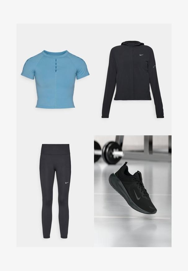 Casaco preto com capuz e mangas longas, feito de material leve. Apresenta um fecho dourado na frente, um logótipo da Nike e detalhes de design subtis.; Top azul-claro de manga curta feito de tecido elástico. Apresenta um decote redondo e recortes decorativos em forma de botão centralizados na parte frontal.; Leggings pretos feitos de tecido elástico, com uma cintura alta e um logo branco da Nike na coxa esquerda. Textura suave, design ajustado ao corpo.; Sapatilha desportiva preta com o logotipo da Nike, mostrada em pleno ar sobre o chão do ginásio, com um suporte de halteres desfocado ao fundo.