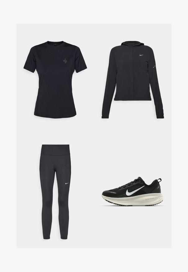 Must musta kapuutsiga jakk, millel on pikad varrukad ja mis on valmistatud kergetest materjalidest. Omab esitaskut, Nike logo ja kergelt silmatorkavaid disainiaktsente.; Must t-särk, millel on lühikesed varrukad ja pehme kangas, ümmarguse kaelusega ning väikese, toon-toonis logo vasakul rinnal.; Mustad mustadest leggingid, mis on valmistatud venivast kangast, kõrge vöökoha ja valge Nike logo abil vasakul reiel. Sile tekstuur, keha järgiv disain.; Musthave mustus Nike jooksujalats, millel on hingav võrgust ülemine osa, valge swoosh logo, tekstuuriga detailid ja kreemja värvusega ZoomX vahevöö.