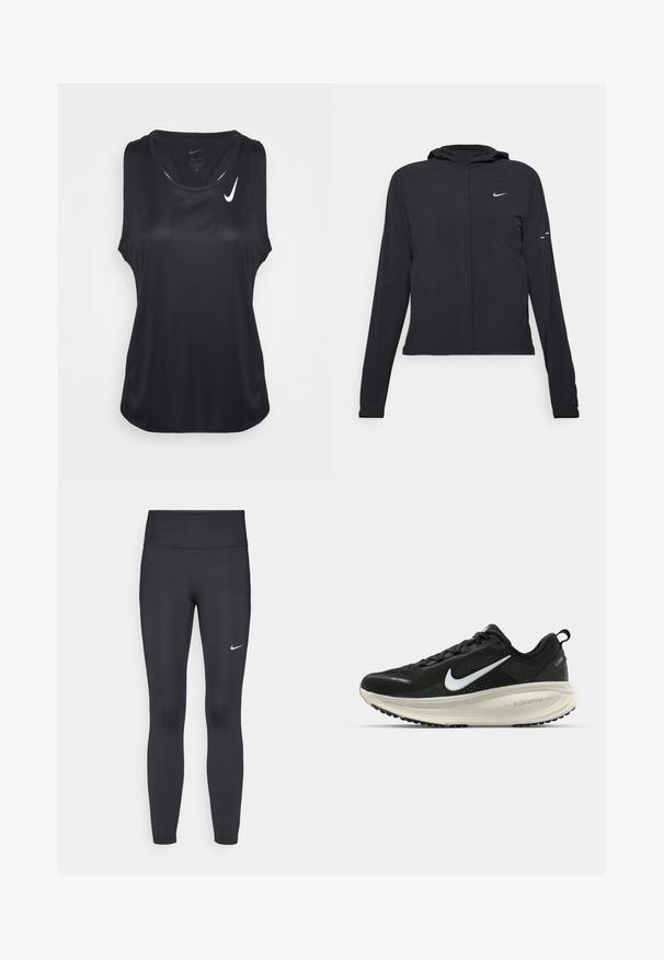Casaco preto com capuz e mangas longas, feito de material leve. Apresenta um fecho dourado na frente, um logótipo da Nike e detalhes de design subtis.; Top desportivo preto sem mangas feito de um tecido suave e que absorve a humidade. Apresenta um decote redondo e um pequeno logótipo branco da Nike no peito.; Leggings pretos feitos de tecido elástico, com uma cintura alta e um logo branco da Nike na coxa esquerda. Textura suave, design ajustado ao corpo.; Sapatilha de corrida Nike preta com parte superior de malha respirável, logotipo Swoosh branco, detalhes texturizados e uma entressola ZoomX na cor creme.