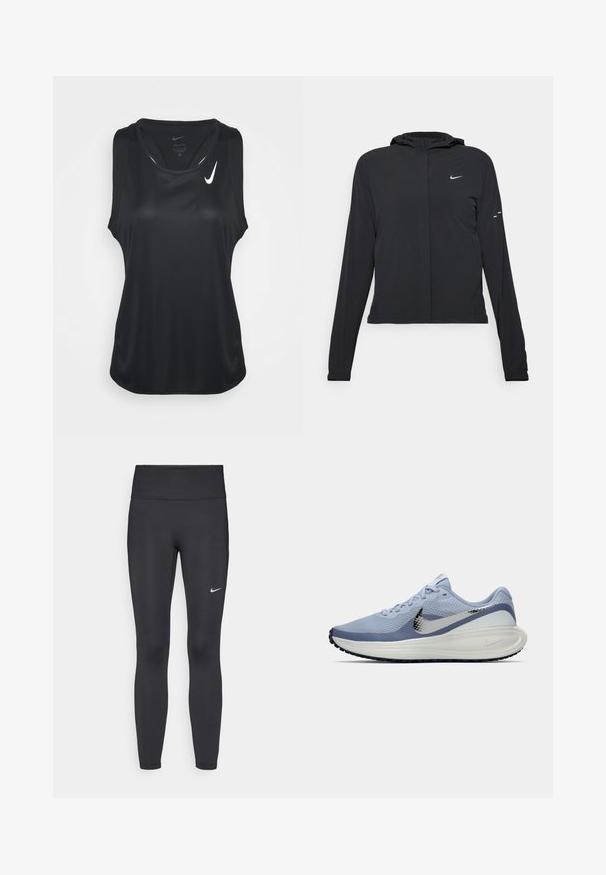 Schwarze Kapuzenjacke mit langen Ärmeln, aus leichtem Material gefertigt. Sie hat einen vorderen Reißverschluss, ein Nike-Logo und dezente Designelemente.; Schwarzes ärmelloses Sport-Tanktop aus glattem, feuchtigkeitsableitendem Stoff. Hat einen runden Ausschnitt und ein kleines weißes Nike-Logo auf der Brust.; Schwarze Leggings aus elastischem Stoff, mit einem hohen Bund und einem weißen Nike-Logo auf dem linken Oberschenkel. Glatte Textur, figurbetontes Design.; Hellblau-weißer Nike-Laufschuh mit silbernem Swoosh, atmungsaktivem Mesh-Obermaterial, gepolstertem Sohlen und schwarzem Außensohlenprofil.