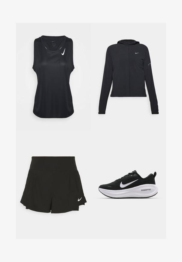 Chaqueta negra con capucha y mangas largas, hecha de un material ligero. Presenta un cierre frontal, un logo de Nike y acentos de diseño sutiles.; Camiseta sin mangas negra de estilo atlético hecha de una tela suave que absorbe la humedad. Presenta un escote redondo y un pequeño logo de Nike en blanco en el pecho.; Shorts deportivos negros con una cintura ancha, detalles plisados, dobladillo curvado y el logo de Nike en blanco en la parte inferior derecha.; Nike Performance VOMERO PLUS - Zapatillas running asfalto - black/white/cool grey/metallic dark grey/summit white