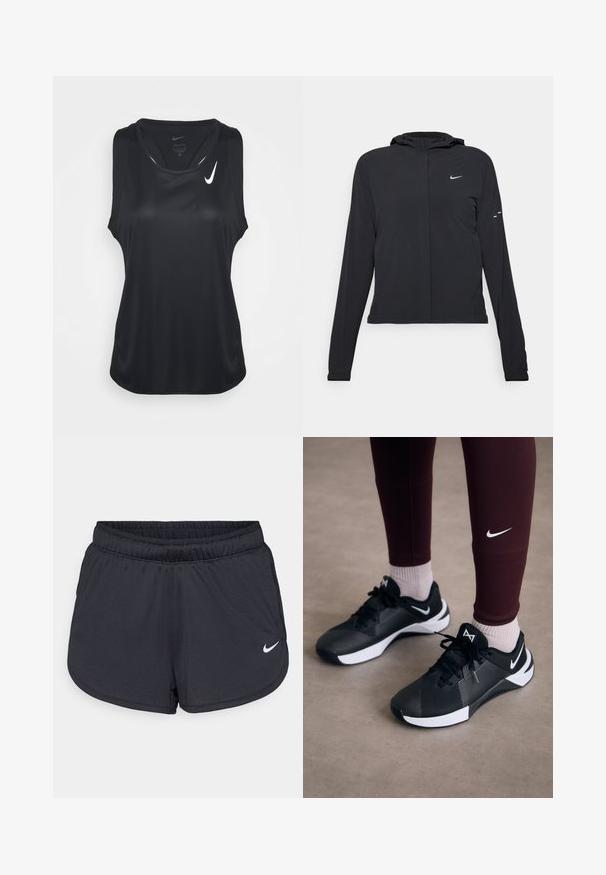 Černá kapucňová bunda s dlouhými rukávy, vyrobená z lehkého materiálu. Obsahuje přední zip, logo Nike a decentní designové akcenty.; Černý bezrukávový sportovní triko z hladkého, vlhkosti odvádějícího materiálu. Má kulatý výstřih a malé bílé logo Nike na hrudi.; Černé sportovní šortky vyrobené z lehké, prodyšné látky. Obsahují elastický pás a bílé logo Nike na dolní pravé straně.; Černé sportovní boty s texturovaným svrškem a bílými akcenty, s tkaničkami a božím logem. Nosené s vínovými legínami a světlými ponožkami.