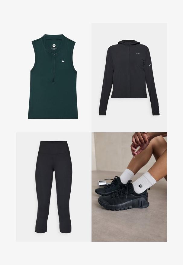 Fekete kapucnis dzseki hosszú ujjakkal, könnyű anyagból készült. Elülső cipzárral, Nike logóval és diszkrét dizájn elemekkel rendelkezik.; Zöld ujjatlan sportfelső magas gallérral és elöl cipzárral; sima textúrával, mellkason elhelyezett kis logóval. Sportolásra alkalmas.; Fekete, rövidített leggings elasztikus anyagból, magas derékkal és sima textúrával, látható minták vagy fémalkatrészek nélkül.; Fekete sportcipők texturált anyagból, fűzős kialakítással és hangsúlyos talppal, fehér bordás zoknikkal párosítva, melyek kis logóval rendelkeznek.