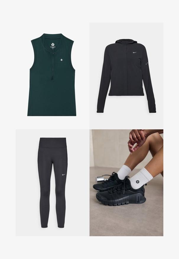 Giacca nera con cappuccio e maniche lunghe, realizzata in materiale leggero. Presenta una zip frontale, il logo Nike e accenti di design sottili.; Top attivo verde senza maniche con colletto alto e cerniera frontale; texture liscia con un piccolo logo sul petto. Adatto per lo sport.; Leggings neri realizzati in tessuto elasticizzato, con una vita alta e un logo Nike bianco sulla coscia sinistra. Tessuto liscio, design aderente.; Scarpe da ginnastica nere con tessuto texturizzato, design con lacci e suola prominente, abbinate a calze bianche a coste con un piccolo logo.