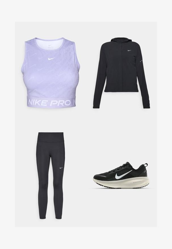 Jachetă neagră cu glugă, cu mâneci lungi, fabricată din material ușor. Dispune de un fermoar frontal, un logo Nike și accente de design subtile.; Top scurt Nike Pro de culoare violet deschis, cu dungi verticale, o textură fină și un logo alb contrastant și un band cu litere.; Leggings negre dintr-un material elastic, având talie înaltă și un logo alb Nike pe coapsa stângă. Textură netedă, design care se conturează pe corp.; Pantofii de alergare negri de la Nike, cu parte superioară din plasă respirabilă, logo-ul alb Swoosh, detalii texturate și o talpă intermediară ZoomX de culoare crem.