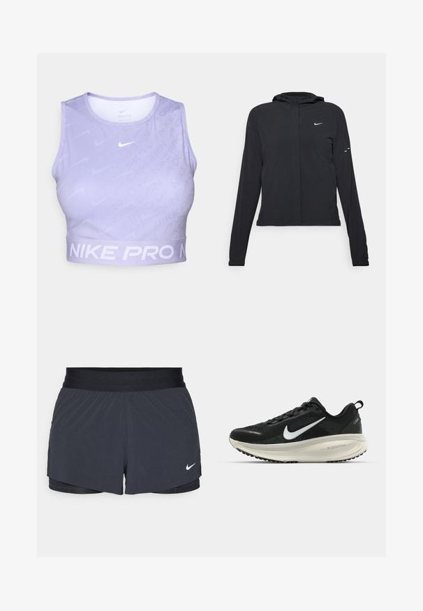 Crna jakna s kapuljačom i dugim rukavima, izrađena od laganog materijala. Ima prednji patentni zatvarač, Nike logo i suptilne dizajnerske detalje.; Nike Pro crop top u svijetlopurple boji, s vertikalnim prugama, glatkom teksturom i kontrastnim bijelim logom i trakom s natpisom.; Crne atletske kratke hlače s elastičnom stražnjicom, imaju slojeviti dizajn i mali bijeli Nike logo na donjoj lijevoj strani. Lagani materijal.; Crne Nike trkačke tenisice s prozračnom mrežastom gornjom konstrukcijom, bijelim swoosh logotipom, teksturiranim detaljima i kremastom ZoomX srednjom potplatnom jedinicom.
