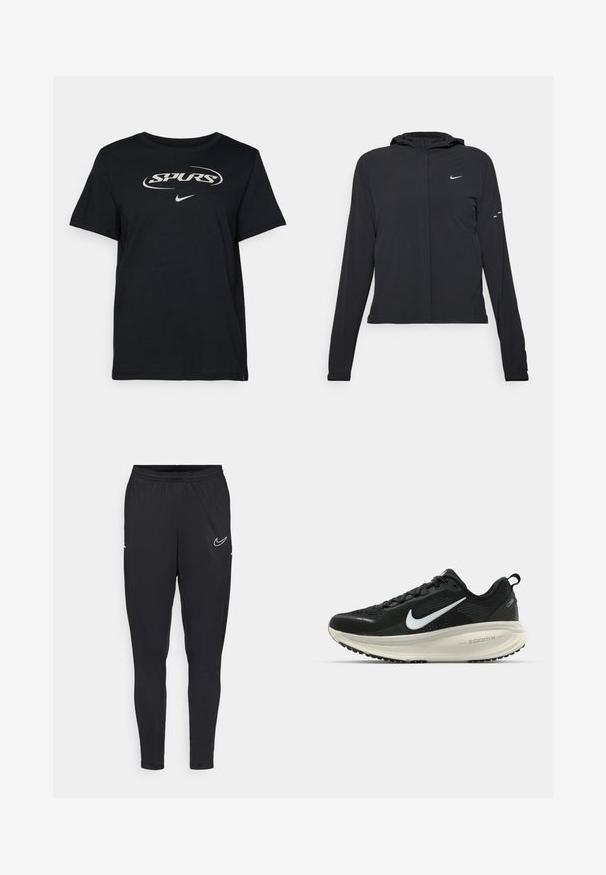 Černá kapucňová bunda s dlouhými rukávy, vyrobená z lehkého materiálu. Obsahuje přední zip, logo Nike a decentní designové akcenty.; Černé bavlněné tričko s bílým logem "SPURS" a malým ikonickým švem Nike na spodním okraji. Krátké rukávy a klasický kulatý výstřih.; Černé sportovní kalhoty vyrobené z lehkého materiálu, s elastickým pasem, přiléhavým střihem a bílým logem Nike na stehně.; Černá běžecká obuv Nike s prodyšným síťovaným svrškem, bílým logem swoosh, texturovanými detaily a krémovou mezipodešví ZoomX.