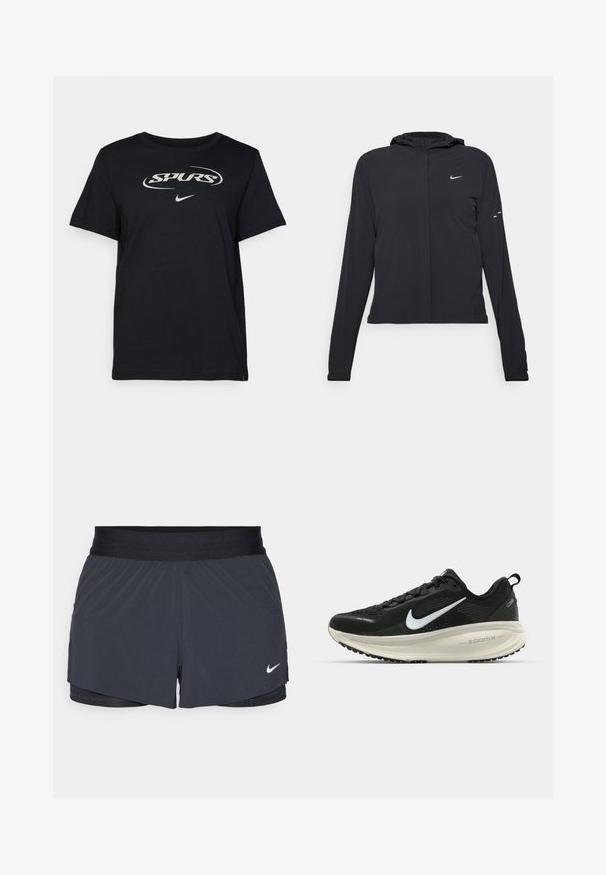 Mustassa hupparissa on pitkät hihat, ja se on valmistettu kevyestä materiaalista. Siinä on edessä vetoketju, Nike-logo ja hillityt muotoiluyksityiskohdat.; Musta puuvillainen T-paita, jossa on valkoinen "SPURS"-logo ja pieni Nike-swoosh alareunassa. Lyhyet hihat ja klassinen pyöreä kaula-aukko.; Mustat urheilushortsit, joissa on joustava vyötärö. Shortseissa on kerroksellinen muotoilu ja pieni valkoinen Nike-logo vasemmassa alareunassa. Kevyt materiaali.; Mustat Nike-juoksukengät, joissa on hengittävä verkko-osa, valkoinen swoosh-logo, teksturoitu yksityiskohtaus ja kermaisen värinen ZoomX-välipohja.