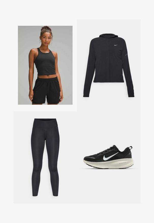 Mustassa hupparissa on pitkät hihat, ja se on valmistettu kevyestä materiaalista. Siinä on edessä vetoketju, Nike-logo ja hillityt muotoiluyksityiskohdat.; Musta ribbattu crop-top yhdistettynä mustiin elastisiin vyötäröhousuihin. Sileä pinta, vartalonmyötäinen muotoilu, sopii aktiiviseen käyttöön.; Mustat legginsit, jotka on valmistettu sileästä ja joustavasta kankaasta. Korkea vyötärö ilman näkyviä kuvioita tai tehosteita. Istuu tiiviisti vyötäröstä nilkkoihin.; Mustat Nike-juoksukengät, joissa on hengittävä verkko-osa, valkoinen swoosh-logo, teksturoitu yksityiskohtaus ja kermaisen värinen ZoomX-välipohja.