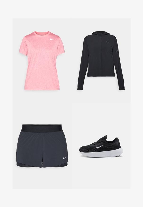 Svart hettegenser med lange ermer, laget av lett materiale. Har glidelås foran, Nike-logo og subtile design detaljer.; Nike Performance TEE - T-skjorte til trening - aster pink/heather; Sorte treningshorts med elastisk midjebånd, med lagdelt design og liten hvit Nike-logo på nederste venstre side. Lett materiale.; Svart atletisk sko med mesh-overdel, teksturert design, rund tå, hvit gummisåle og et Nike-logo på siden.