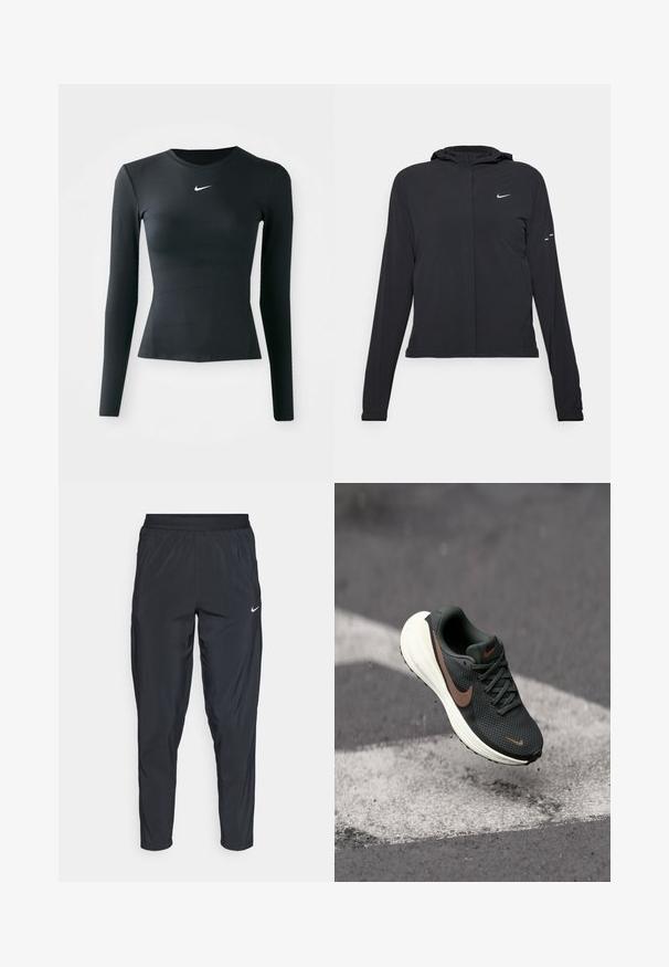 Černá kapucňová bunda s dlouhými rukávy, vyrobená z lehkého materiálu. Obsahuje přední zip, logo Nike a decentní designové akcenty.; Černý dlouhý rukáv obtažený top vyrobený z hladkého, elastického materiálu. Obsahuje kulatý výstřih a malé bílé logo Nike na hrudi.; Černé sportovní kalhoty s elastickým pasem, zúženými nohavicemi a malým bílým logem na levém stehně. Lehká, hladká tkanina.; Černá síťovaná běžecká obuv s texturovaným svrškem, hnědým logem Nike a bílou polstrovanou podrážkou, vznášející se nad šedým povrchem.