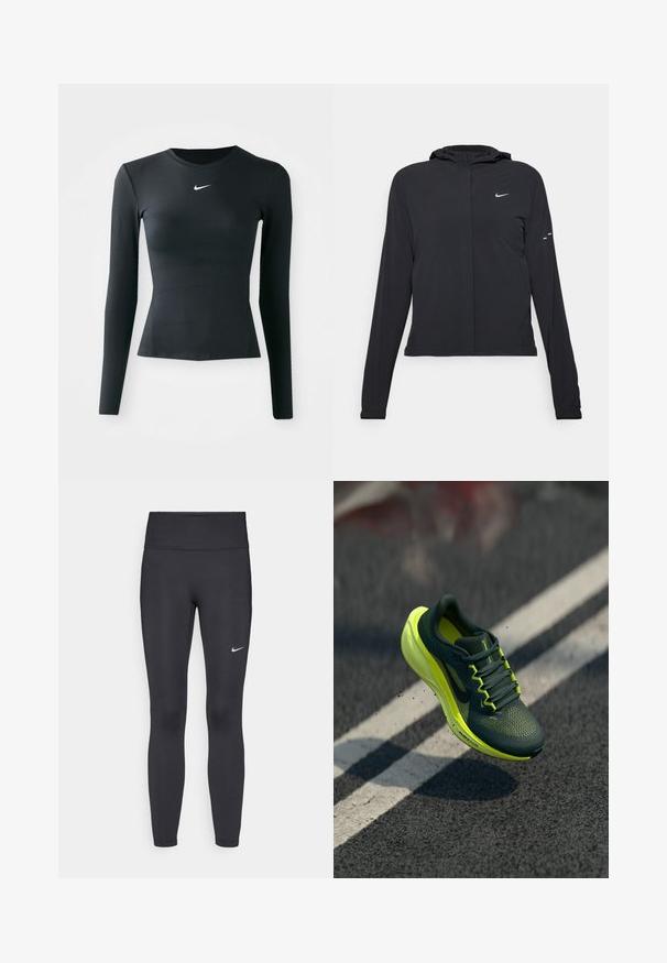 Casaco preto com capuz e mangas longas, feito de material leve. Apresenta um fecho dourado na frente, um logótipo da Nike e detalhes de design subtis.; Top justo de mangas longas preto, feito de um tecido liso e elástico. Apresenta um decote redondo e um pequeno logotipo branco da Nike no peito.; Leggings pretos feitos de tecido elástico, com uma cintura alta e um logo branco da Nike na coxa esquerda. Textura suave, design ajustado ao corpo.; Tênis de corrida Nike em verde-escuro e amarelo-neon no ar acima de asfalto com marcas de faixa brancas, levantando pequenas partículas de terra.