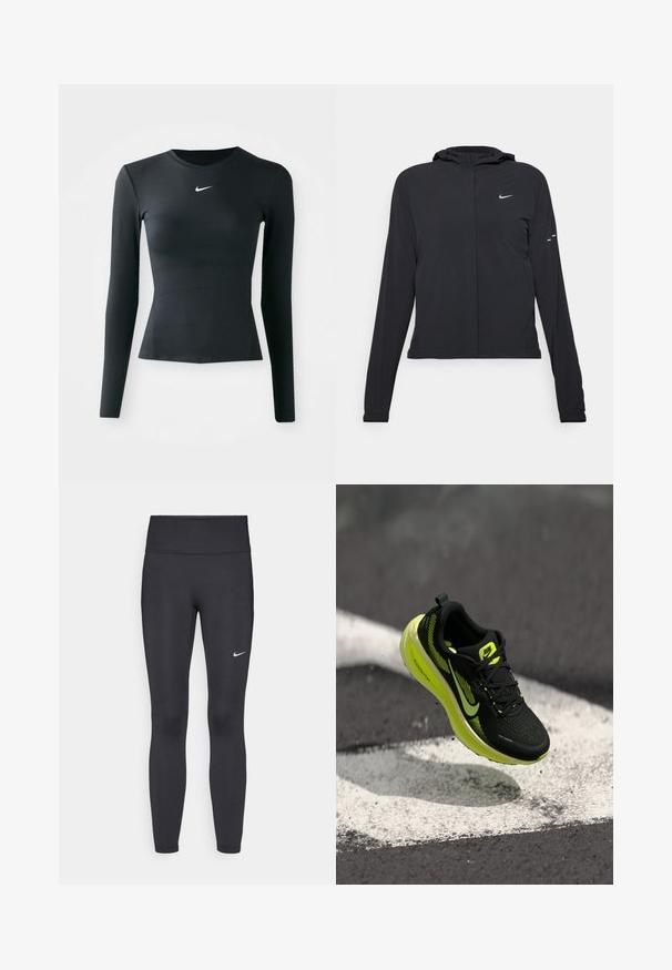 Casaco preto com capuz e mangas longas, feito de material leve. Apresenta um fecho dourado na frente, um logótipo da Nike e detalhes de design subtis.; Top justo de mangas longas preto, feito de um tecido liso e elástico. Apresenta um decote redondo e um pequeno logotipo branco da Nike no peito.; Leggings pretos feitos de tecido elástico, com uma cintura alta e um logo branco da Nike na coxa esquerda. Textura suave, design ajustado ao corpo.; Tênis de corrida preto com detalhes amarelos, parte superior em malha, padrão texturizado e logótipo da marca em destaque. Sola leve de espuma para amortecimento.