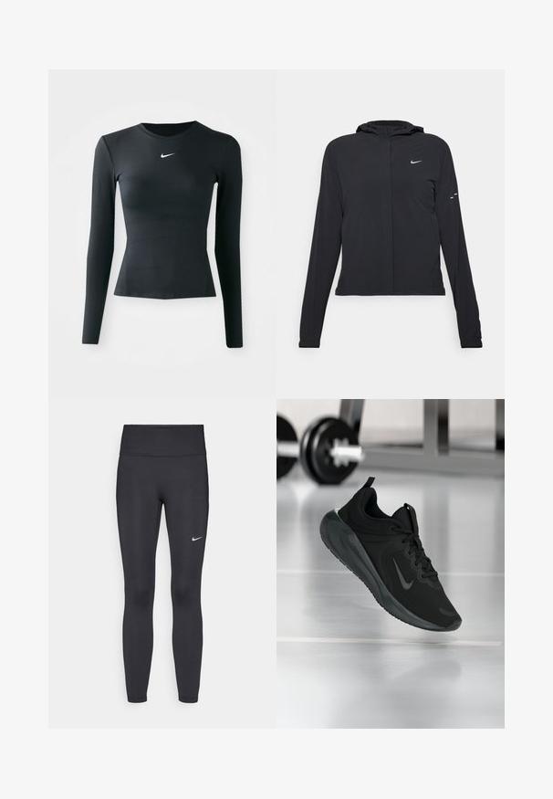 Schwarze Kapuzenjacke mit langen Ärmeln, aus leichtem Material gefertigt. Sie hat einen vorderen Reißverschluss, ein Nike-Logo und dezente Designelemente.; Schwarzes, enganliegendes Langarmoberteil aus glattem, elastischem Stoff. Verfügt über einen Rundhalsausschnitt und ein kleines weißes Nike-Logo auf der Brust.; Schwarze Leggings aus elastischem Stoff, mit einem hohen Bund und einem weißen Nike-Logo auf dem linken Oberschenkel. Glatte Textur, figurbetontes Design.; Schwarzer Sportsneaker mit Nike-Logo, mid-air über dem Boden des Fitnessstudios, mit unscharfem Hantelregal im Hintergrund.