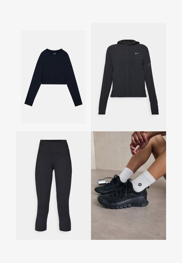 Melnā kapuci jaka ar garām piedurknēm, izgatavota no viegla materiāla. Tam ir priekšējais rāvējslēdzis, Nike logo un smalki dizaina akcenti.; Jūras spēku īsā garuma krekls ar garām piedurknēm, kas aprīkots ar raglanu piedurknēm un noapaļotu izgriezumu. Mīksta, gluda tekstūra ar elpojošu sietu detaļām sānos.; Melnas apgrieztas legingi, izgatavoti no elastīga auduma, ar augstu jostasvietu un gludu tekstūru, bez redzamām rakstu vai aksesuāriem.; Melnas sporta kurpes ar teksturētu audumu, saistītu dizainu un izteiktu zoli, savienotas ar baltām ribotām zeķēm ar mazu logo.