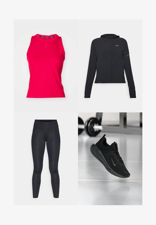Black hooded jacket with long sleeves, made from lightweight material. Features a front zipper, a Nike logo, and subtle design accents.; Red athletic tank top with a ribbed texture, rounded neckline, and a subtle logo on the front. Features a branded black inner neck label.; Black leggings made of smooth, stretchy fabric. High waist with no visible patterns or accents. Fit closely from waist to ankles.; Black sports sneaker with Nike logo, shown mid-air on gym floor, with blurred dumbbell rack in background.