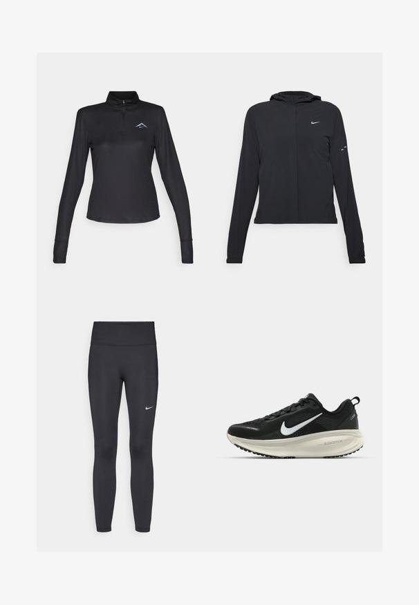 Sort hættetrøje med lange ærmer, lavet af letvægtsmateriale. Har en frontlynlås, et Nike-logo og subtile designaccenter.; Sort langærmet pullover skjorte med høj krave, kvart lynlås og subtilt lyseblåt logo på brystet. Fremstillet af struktureret, åndbart stof.; Sorte leggings lavet af strækbart stof, med en høj talje og et hvidt Nike-logo på venstre lår. Glat tekstur, tætsiddende design.; Sort Nike løbesko med åndbart mesh-overdel, hvidt swoosh-logo, tekstureret detaljering og en cremede ZoomX mellemsål.