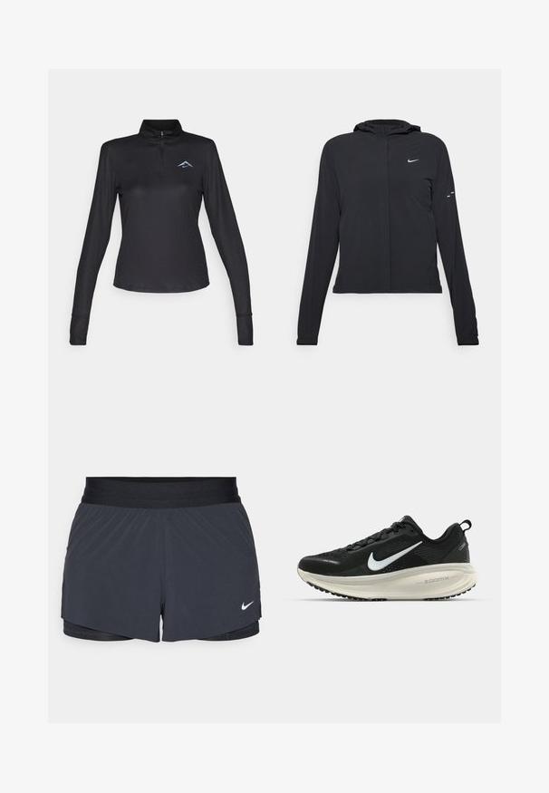 Schwarze Kapuzenjacke mit langen Ärmeln, aus leichtem Material gefertigt. Sie hat einen vorderen Reißverschluss, ein Nike-Logo und dezente Designelemente.; Schwarzes Langarm-Pulloverhemd mit hohem Kragen, Viertelreißverschluss und dezentem hellblauem Logo auf der Brust. Hergestellt aus strukturiertem, atmungsaktivem Stoff.; Schwarze Sportshorts mit elastischem Bund, ausgestattet mit einem geschichteten Design und einem kleinen weißen Nike-Logo unten links. Leichtes Material.; Schwarzer Nike-Laufschuh mit atmungsaktivem Mesh-Obermaterial, weißem Swoosh-Logo, strukturierten Details und einer cremefarbenen ZoomX-Zwischensohle.