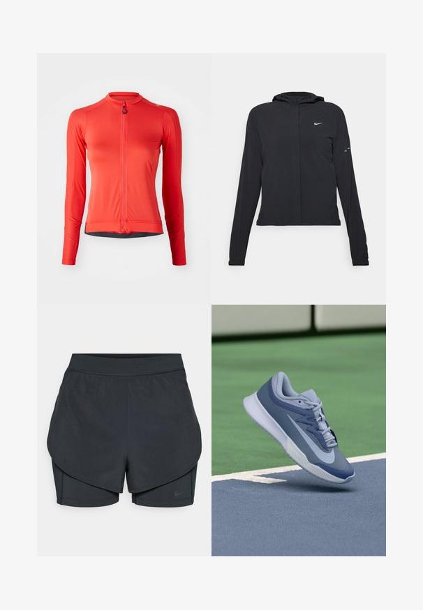 Zwarte kaptrui met lange mouwen, gemaakt van lichtgewicht materiaal. Voorzien van een ritssluiting aan de voorkant, een Nike-logo en subtiele ontwerpelementen.; Langarm fietsshirt in felrood, met een volledige rits, ribbeltextuur en zwarte zoomaccenten. Lichtgewicht, atletische pasvorm.; Zwarte sportshorts met een gelaagd ontwerp, voorzien van een gladde buitenlaag en aansluitende binnen shorts. Gemaakt van lichtgewicht, rekbare stof.; Sport sneaker in lichtblauw en marineblauw, met een gestructureerde bovenkant, platte veters en een lichte witte zool. Verhoogd boven een speelveld.