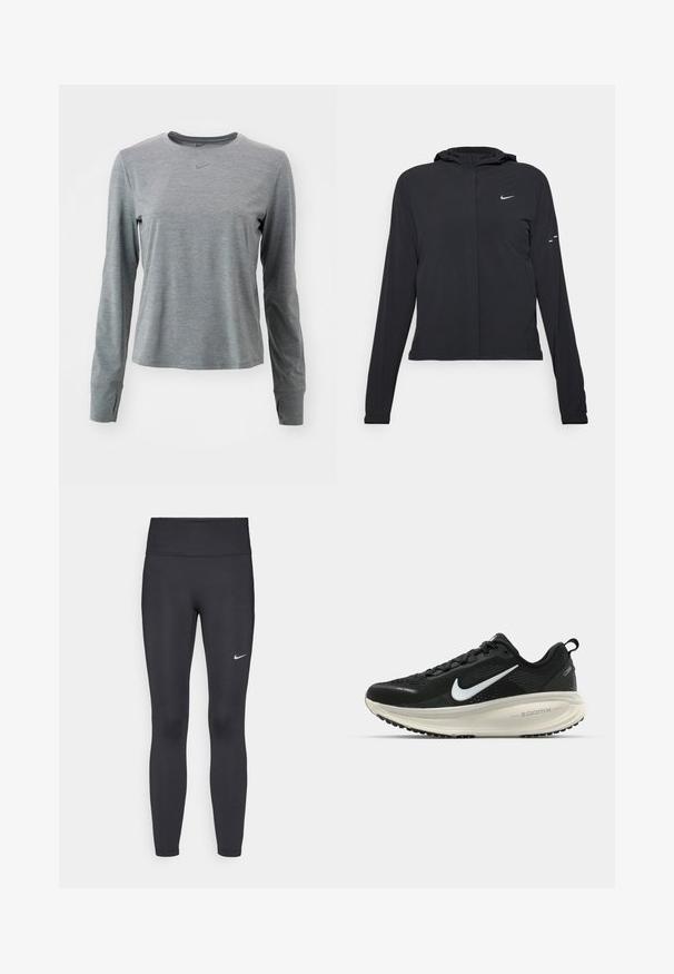 Svart hettegenser med lange ermer, laget av lett materiale. Har glidelås foran, Nike-logo og subtile design detaljer.; Nike Performance ONE CLASSIC TOP - Topper langermet - smoke grey heather/black; Sorte leggings laget av elastisk stoff, med høy livlinje og en hvit Nike-logo på venstre lår. Glatt tekstur, kroppsnær passform.; Svart Nike løpesko med pustende mesh-overdel, hvit swoosh-logo, teksturert detaljer og en kremfarget ZoomX mellomsåle.
