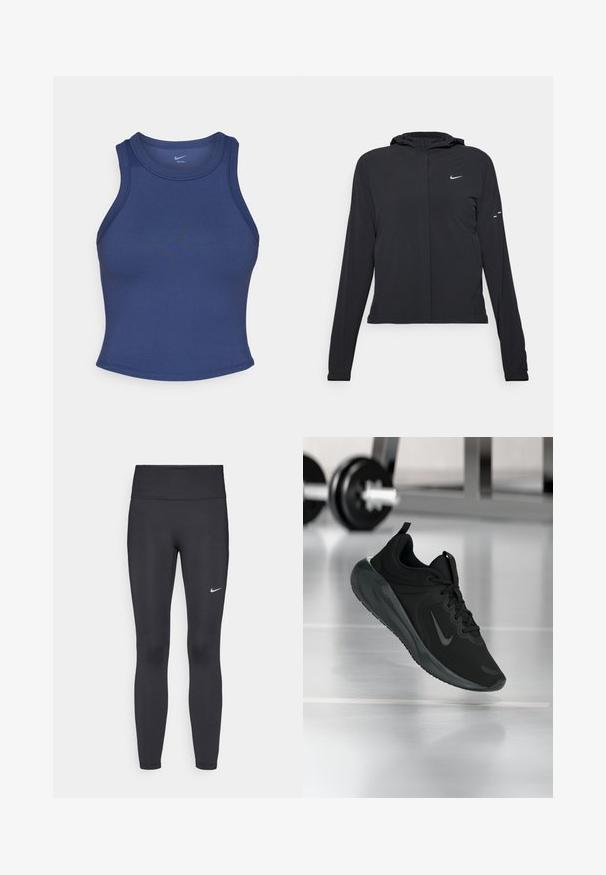Must musta kapuutsiga jakk, millel on pikad varrukad ja mis on valmistatud kergetest materjalidest. Omab esitaskut, Nike logo ja kergelt silmatorkavaid disainiaktsente.; Tumesinine sporditop, millel on liibuv disain, ümmargune kaelus ja sile tekstuur. Omab minimaalseid õmblusi ja nähtavat brändi pole.; Mustad mustadest leggingid, mis on valmistatud venivast kangast, kõrge vöökoha ja valge Nike logo abil vasakul reiel. Sile tekstuur, keha järgiv disain.; Mustad mustang spordijalatsid Nike logo'ga, õhus spordisaali põrandal, häguste hantlite riiulitega taustal.