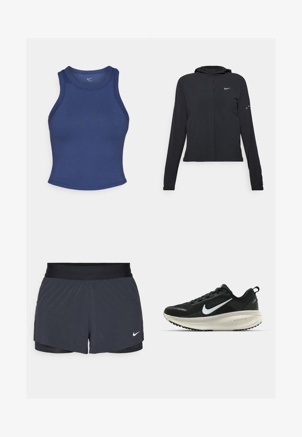 Svart hettegenser med lange ermer, laget av lett materiale. Har glidelås foran, Nike-logo og subtile design detaljer.; Mørkeblå trenings tank topp med en tettsittende design, rund halslinje og glatt tekstur. Har minimale sømmer og ingen synlig merkevare.; Sorte treningshorts med elastisk midjebånd, med lagdelt design og liten hvit Nike-logo på nederste venstre side. Lett materiale.; Svart Nike løpesko med pustende mesh-overdel, hvit swoosh-logo, teksturert detaljer og en kremfarget ZoomX mellomsåle.