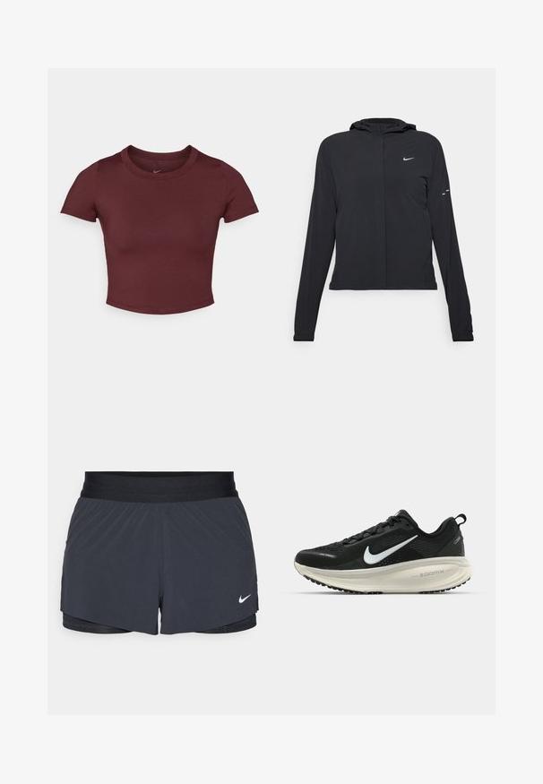 Casaco preto com capuz e mangas longas, feito de material leve. Apresenta um fecho dourado na frente, um logótipo da Nike e detalhes de design subtis.; T-shirt cropped em cor maroon feita de um tecido liso e elástico. Apresenta mangas curtas e um decote redondo, com um logo discreto no peito.; Calças curtas de atletismo pretas com um cós elástico, apresentando um design em camadas e um pequeno logótipo da Nike em branco no canto inferior esquerdo. Material leve.; Sapatilha de corrida Nike preta com parte superior de malha respirável, logotipo Swoosh branco, detalhes texturizados e uma entressola ZoomX na cor creme.
