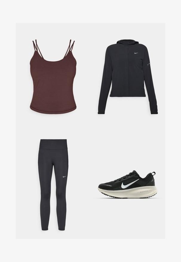 Svart hettegenser med lange ermer, laget av lett materiale. Har glidelås foran, Nike-logo og subtile design detaljer.; Brun tank topp med tynne justerbare stropper, laget av glatt stoff. Rundet utringning og en svakt buet hem ved livet.; Sorte leggings laget av elastisk stoff, med høy livlinje og en hvit Nike-logo på venstre lår. Glatt tekstur, kroppsnær passform.; Svart Nike løpesko med pustende mesh-overdel, hvit swoosh-logo, teksturert detaljer og en kremfarget ZoomX mellomsåle.