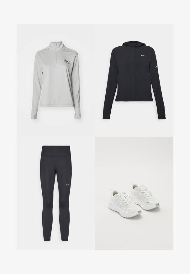Sort hættetrøje med lange ærmer, lavet af letvægtsmateriale. Har en frontlynlås, et Nike-logo og subtile designaccenter.; Lys grå Nike langærmet trøje med kvart lynlås, uden mønster, blød tekstur, med et lille sort logo på venstre brystområde.; Sorte leggings lavet af strækbart stof, med en høj talje og et hvidt Nike-logo på venstre lår. Glat tekstur, tætsiddende design.; Hvide sportssko med en struktureret mesh-overdel, polstret sål og subtile grå accenter. Inkluderer branding og en løkke i hælen for nem påtagning.
