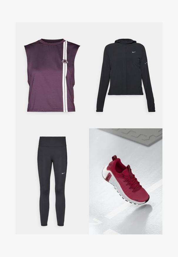 Svart hettegenser med lange ermer, laget av lett materiale. Har glidelås foran, Nike-logo og subtile design detaljer.; Lilla ermeløs topp med rund hals, hvite sidestriper, og en liten logo på brystet, laget av glatt og lett stoff.; Sorte leggings laget av elastisk stoff, med høy livlinje og en hvit Nike-logo på venstre lår. Glatt tekstur, kroppsnær passform.; Rød sportsko med en teksturert overdel, snørelukking og en tykk hvit såle. Har en kontrasterende svart tåhette og en logo på siden.