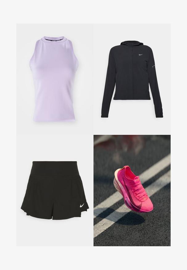Black hooded jacket with long sleeves, made from lightweight material. Features a front zipper, a Nike logo, and subtle design accents.; Lilac sleeveless tank top with a high neckline, ribbed texture, and a subtle logo. Smooth fabric, fitted shape, and no embellishments.; Black athletic shorts with a wide waistband, pleated detailing, curved hem, and white Nike logo on the lower right side.; Sport shoe in bright pink knitted material with textured surface, mesh upper, and a white midsole. Features a swoosh logo in dark pink.