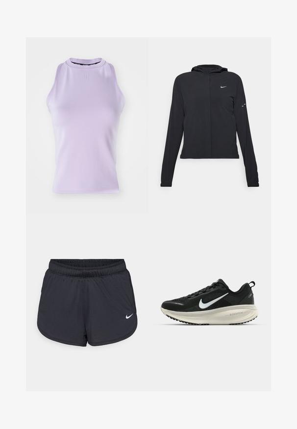 Czarna kurtka z kapturem, z długimi rękawami, wykonana z lekkiego materiału. Posiada zamek błyskawiczny z przodu, logo Nike oraz subtelne akcenty wzornicze.; Fioletowy, bezrękawnik z wysokim dekoltem, prążkowaną teksturą i subtelnym logo. Gładki materiał, dopasowany krój i brak ozdobników.; Czarne sportowe spodenki z elastycznym pasem, z sportowym wzorem i białym logo Nike na dolnej części przedniej strony. Tkanina o fakturze.; Czarna biegowa półbut z oddychającej siateczki, białym logo swoosh, teksturowanymi detalami oraz kremową podeszwą środkową ZoomX.