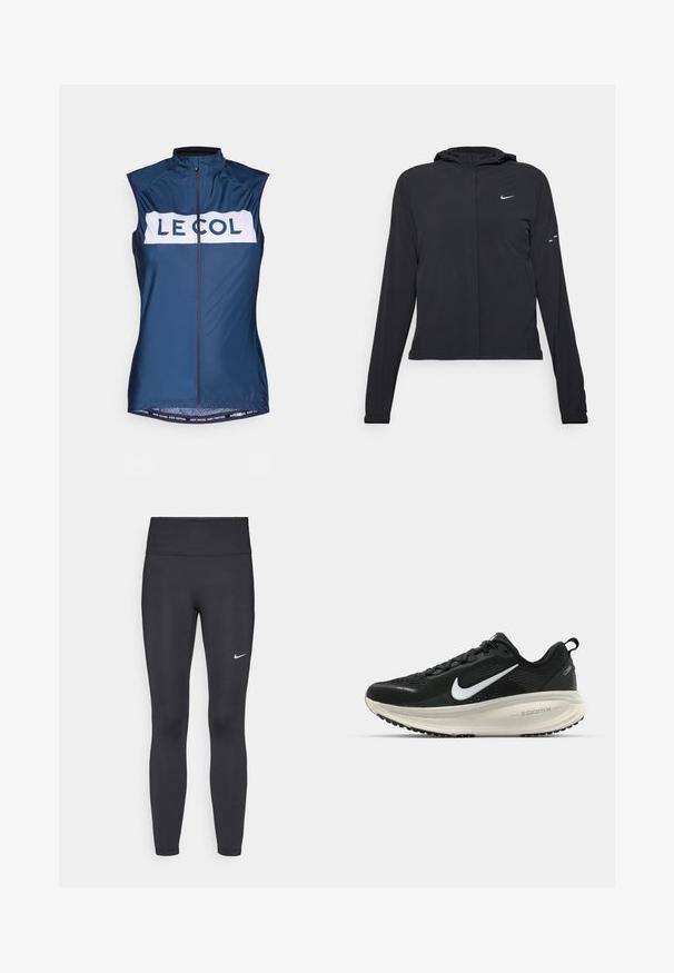 Svart hettegenser med lange ermer, laget av lett materiale. Har glidelås foran, Nike-logo og subtile design detaljer.; Ermeless sykkelvest i marineblå, med en hvit stripe med "LE COL"-merke. Laget av lett materiale med full framside glidelås.; Sorte leggings laget av elastisk stoff, med høy livlinje og en hvit Nike-logo på venstre lår. Glatt tekstur, kroppsnær passform.; Svart Nike løpesko med pustende mesh-overdel, hvit swoosh-logo, teksturert detaljer og en kremfarget ZoomX mellomsåle.