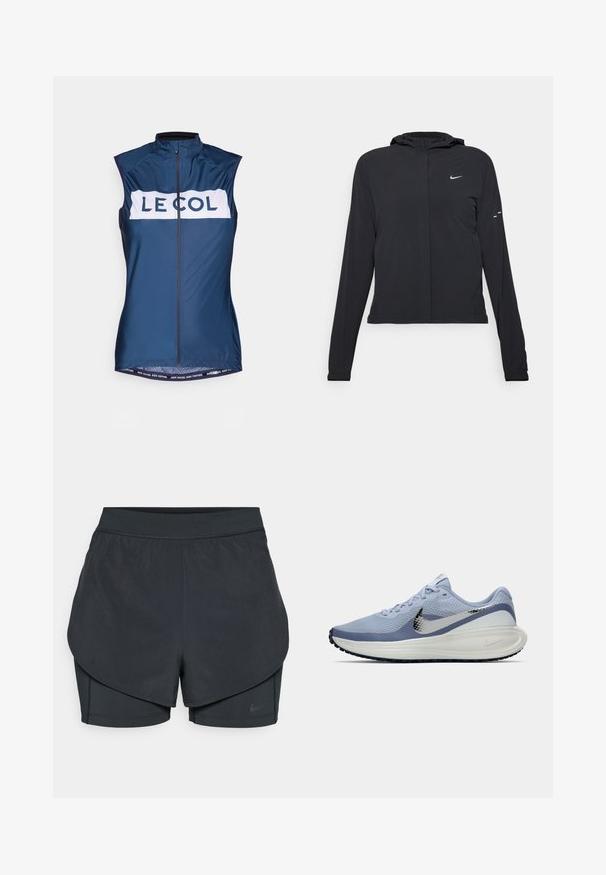 Melnā kapuci jaka ar garām piedurknēm, izgatavota no viegla materiāla. Tam ir priekšējais rāvējslēdzis, Nike logo un smalki dizaina akcenti.; Bezsleeves velosipēdu veste tumši zilā krāsā ar balto joslu ar "LE COL" zīmolu. Izgatavota no viegla materiāla, ar pilnu priekšējo rāvējslēdzēju.; Melnas sporta šortus ar slāņotu dizainu, kas ietver gludu ārējo slāni un pieguļošus iekšējos šortus. Izgatavoti no viegla, elastīga auduma.; Gaiši zila un balta Nike skrienošā apavi ar sudraba Swoosh logotipu, elpojošs sietiņaudums augšdaļā, mīksta zole un melna ārējā zole.