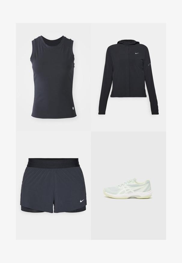 Casaco preto com capuz e mangas longas, feito de material leve. Apresenta um fecho dourado na frente, um logótipo da Nike e detalhes de design subtis.; Top sem mangas, de malha escura e riscada, com decote redondo. Textura suave e silhueta ajustada. Apresenta um pequeno logótipo na bainha.; Calças curtas de atletismo pretas com um cós elástico, apresentando um design em camadas e um pequeno logótipo da Nike em branco no canto inferior esquerdo. Material leve.; Sapatilha atlética de cor verde-claro com parte superior em rede, detalhes brancos, sola texturizada e bico arredondado. Apresenta logotipo e design com atacadores.