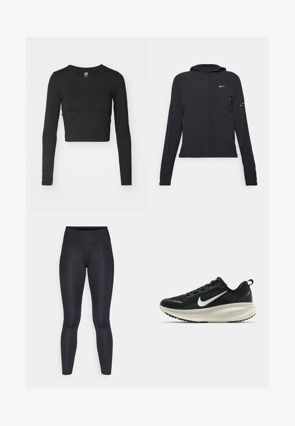 Svart hettegenser med lange ermer, laget av lett materiale. Har glidelås foran, Nike-logo og subtile design detaljer.; Svart langermet cropped topp laget av glatt, elastisk stoff. Har en rund halslinning og et tettsittende design med minimale søm detaljer.; Sorte leggings laget av glatt, elastisk materiale. Høy midje uten synlige mønstre eller detaljer. Sitter tett fra midjen til anklene.; Svart Nike løpesko med pustende mesh-overdel, hvit swoosh-logo, teksturert detaljer og en kremfarget ZoomX mellomsåle.