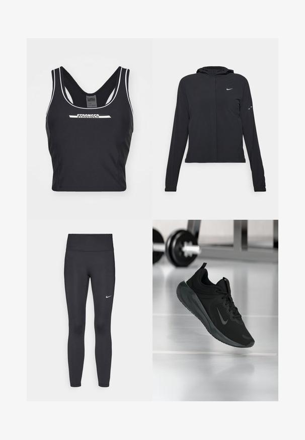 Must musta kapuutsiga jakk, millel on pikad varrukad ja mis on valmistatud kergetest materjalidest. Omab esitaskut, Nike logo ja kergelt silmatorkavaid disainiaktsente.; Must mustrakk mustrih, valmistatud venivast kangast. Omab ümarat kaelust, paksu sangadega ja valgete detailidega, millel on ees trükitud "STRONGER".; Mustad mustadest leggingid, mis on valmistatud venivast kangast, kõrge vöökoha ja valge Nike logo abil vasakul reiel. Sile tekstuur, keha järgiv disain.; Mustad mustang spordijalatsid Nike logo'ga, õhus spordisaali põrandal, häguste hantlite riiulitega taustal.