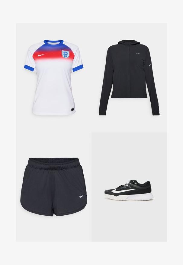 Crna jakna s kapuljačom i dugim rukavima, izrađena od laganog materijala. Ima prednji patentni zatvarač, Nike logo i suptilne dizajnerske detalje.; Bjela sportska majica s gradijent dizajnom koji prelazi iz crvene u plavu boju na ramenima. Ima plave akcentne detalje na manžetama i grb.; Crne atletske kratke hlače napravljene od laganog, prozračnog materijala. Imaju elastičnu traku u struku i bijeli Nike logo na donjoj desnoj strani.; Crna atletska cipela s bijelim detaljima, s teksturiranim gornjim dijelom, okruglim vrhom, ravnim vezicama i debelim bijelim gumiranim potplatima.