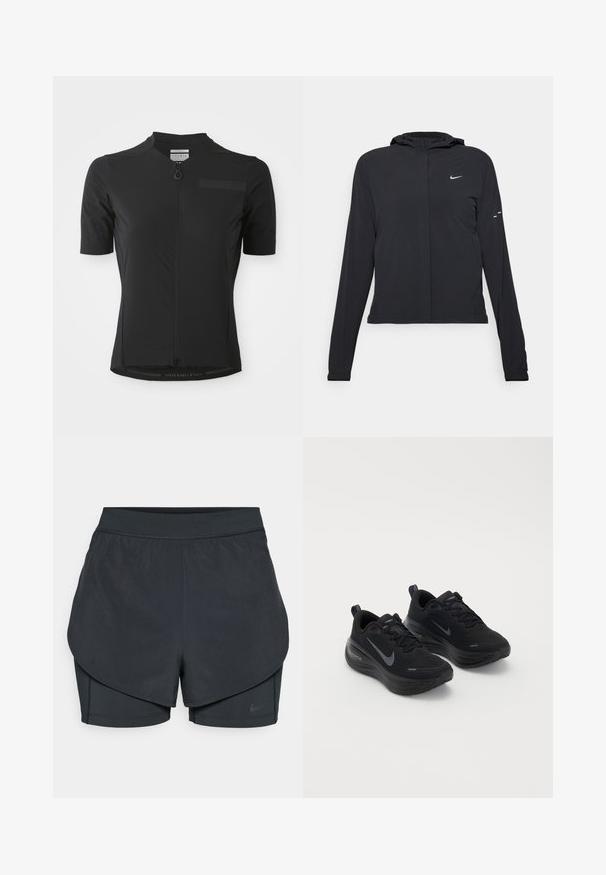 Svart hettegenser med lange ermer, laget av lett materiale. Har glidelås foran, Nike-logo og subtile design detaljer.; Svart sykkeltrøye laget av fukttransporterende stoff; har en kort glidelås, korte ermer og et logo langs bunnen av kanten.; Svart idrettsshorts med lagdelt design, som har et glatt ytre lag og tettsittende indre shorts. Laget av lett, elastisk stoff.; Svarte treningssko med teksturert overdel, snøring og tykk, dempet såle. Har en grå Nike-logo på hver side.