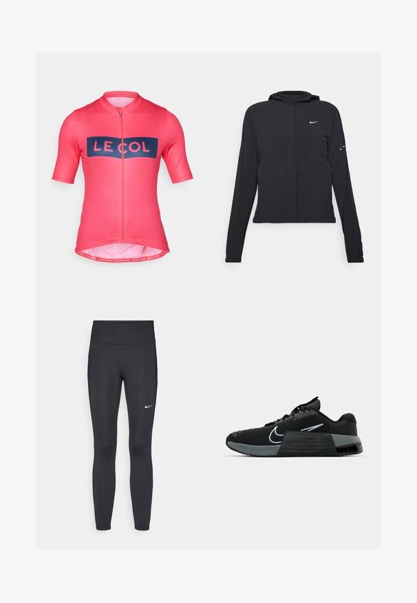 Giacca nera con cappuccio e maniche lunghe, realizzata in materiale leggero. Presenta una zip frontale, il logo Nike e accenti di design sottili.; Maglietta da ciclismo a maniche corte di un vivace colore rosa, dotata di una cerniera frontale e un grande logo navy "LE COL" centrato sul petto. Tessuto liscio e elasticizzato.; Leggings neri realizzati in tessuto elasticizzato, con una vita alta e un logo Nike bianco sulla coscia sinistra. Tessuto liscio, design aderente.; Scarpa sportiva nera con tomaia in rete, accenti grigi e suola intermedia texturizzata. Presenta un logo prominente e un design con lacci. Suola in gomma per aderenza.