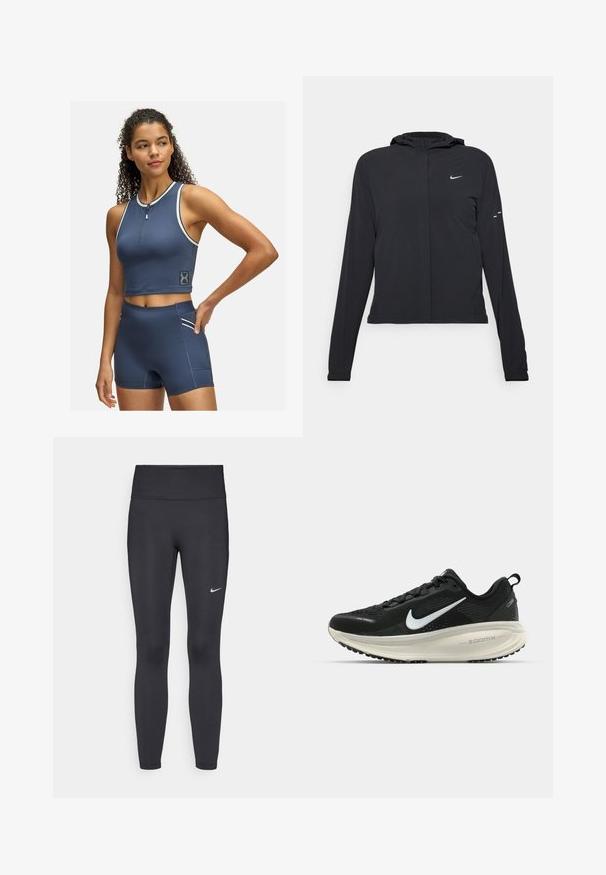 Must musta kapuutsiga jakk, millel on pikad varrukad ja mis on valmistatud kergetest materjalidest. Omab esitaskut, Nike logo ja kergelt silmatorkavaid disainiaktsente.; Tumed sinine sporditopp luku ees ja valgete detailidega; kokku sobitatud kõrge vöökoha lühikeste pükstega, millel on küljetasku ja sobituvad detailid.; Mustad mustadest leggingid, mis on valmistatud venivast kangast, kõrge vöökoha ja valge Nike logo abil vasakul reiel. Sile tekstuur, keha järgiv disain.; Musthave mustus Nike jooksujalats, millel on hingav võrgust ülemine osa, valge swoosh logo, tekstuuriga detailid ja kreemja värvusega ZoomX vahevöö.