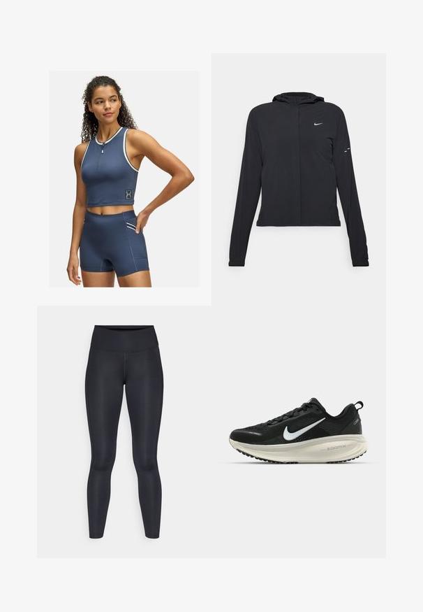 Schwarze Kapuzenjacke mit langen Ärmeln, aus leichtem Material gefertigt. Sie hat einen vorderen Reißverschluss, ein Nike-Logo und dezente Designelemente.; Marineblaues Sport-Crop-Top mit einem Reißverschluss vorne und weißen Akzenten; kombiniert mit hoch taillierten Shorts mit einer Seitentasche und passenden Details.; Schwarze Leggings aus glattem, dehnbarem Stoff. Hoher Bund ohne sichtbare Muster oder Akzente. Enganliegend von der Taille bis zu den Knöcheln.; Schwarzer Nike-Laufschuh mit atmungsaktivem Mesh-Obermaterial, weißem Swoosh-Logo, strukturierten Details und einer cremefarbenen ZoomX-Zwischensohle.