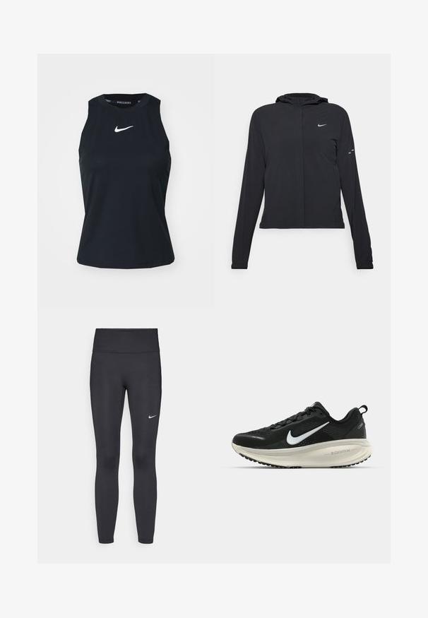 Crna jakna s kapuljačom i dugim rukavima, izrađena od laganog materijala. Ima prednji patentni zatvarač, Nike logo i suptilne dizajnerske detalje.; Nike Performance ADVANTAGE TANK - Top - black/white; Crne tajice izrađene od rastezljivog materijala, s visokim strukom i bijelim Nike logotipom na lijevom bedru. Glatka tekstura, dizajn koji prati obline.; Crne Nike trkačke tenisice s prozračnom mrežastom gornjom konstrukcijom, bijelim swoosh logotipom, teksturiranim detaljima i kremastom ZoomX srednjom potplatnom jedinicom.